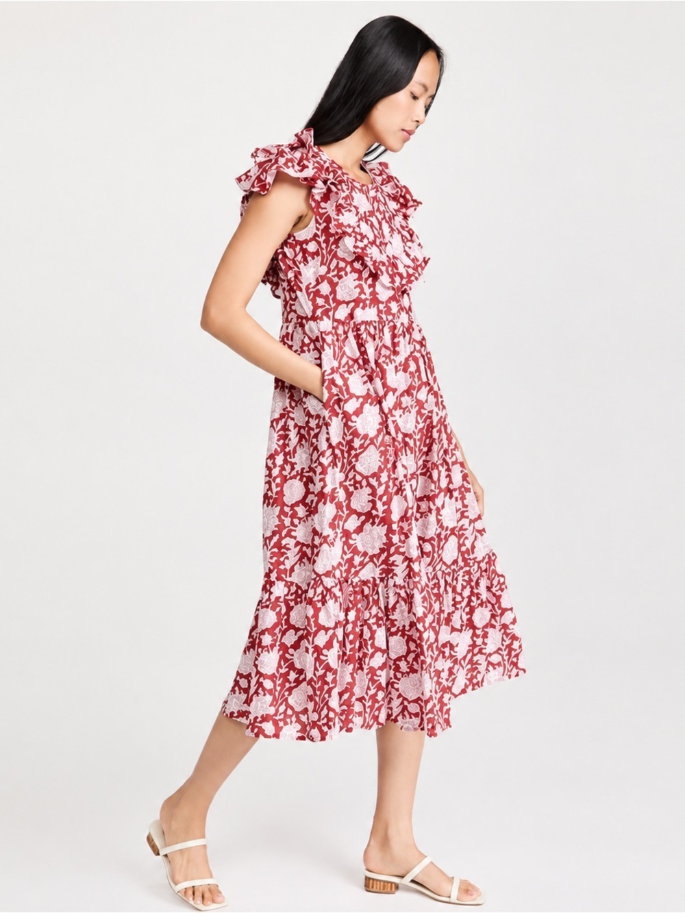 Mille Clementine Floral Midi Dress XXS Red Hand Block Print Feminine Cottagecore